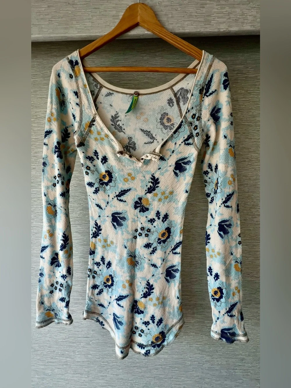 Free People Floral Long-Sleeve Waffle Texture Slim Fit NWOT